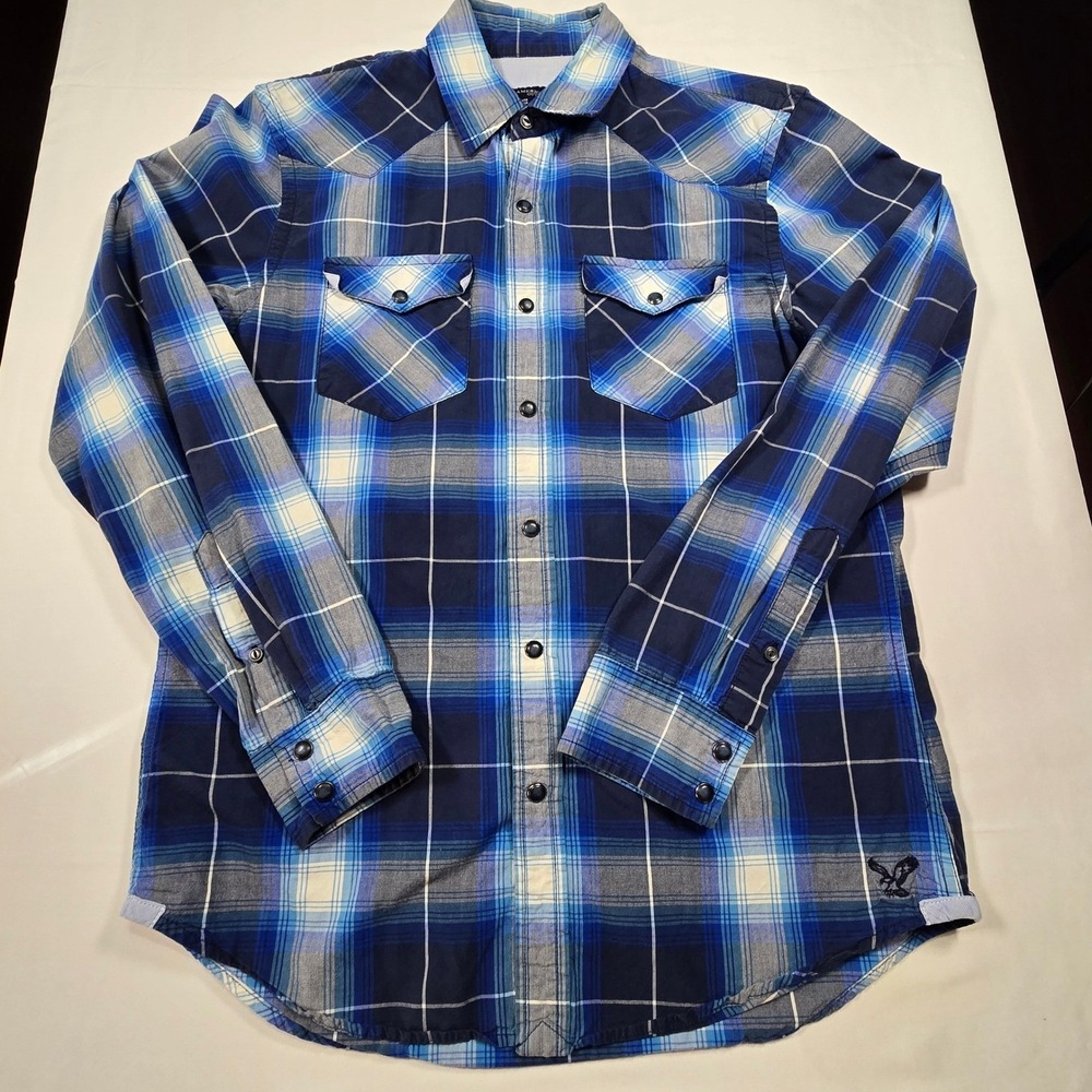 American Eagle Mens Small Blue Plaid Western Pearl Snap Shirt Vintage Fit Cotton